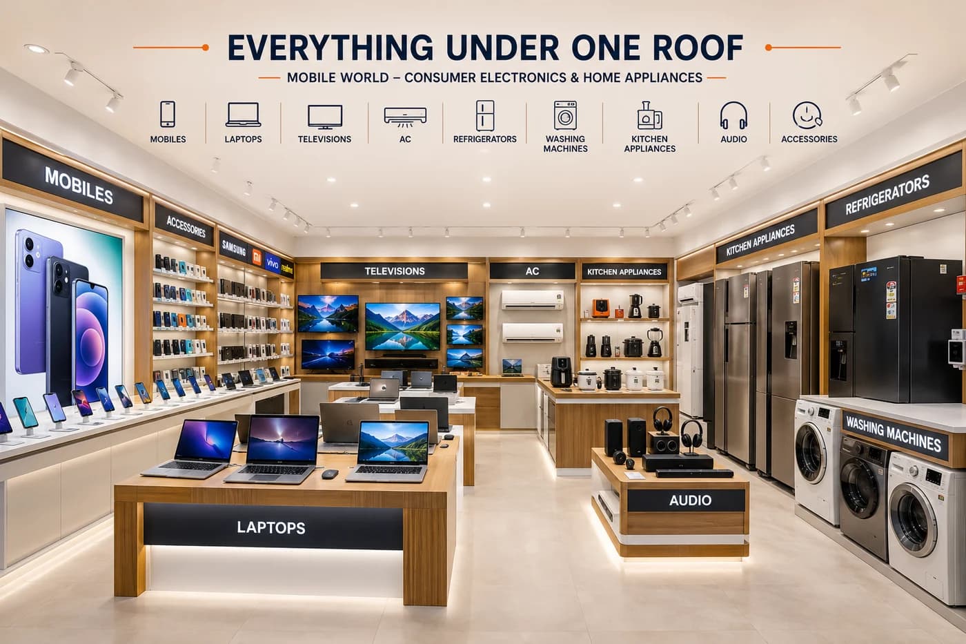 सब कुछ एक ही छत के नीचे — Mobile World, Mobile • Laptop • Electronics • Home Appliances