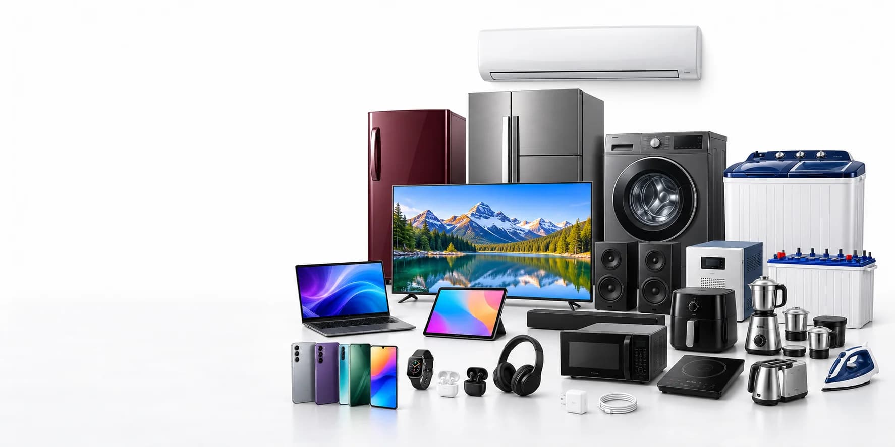 White background पर Mobiles, Laptop, TV, AC, Fridge, Washing Machines, Kitchen Appliances, Audio और Inverter-Battery का category display