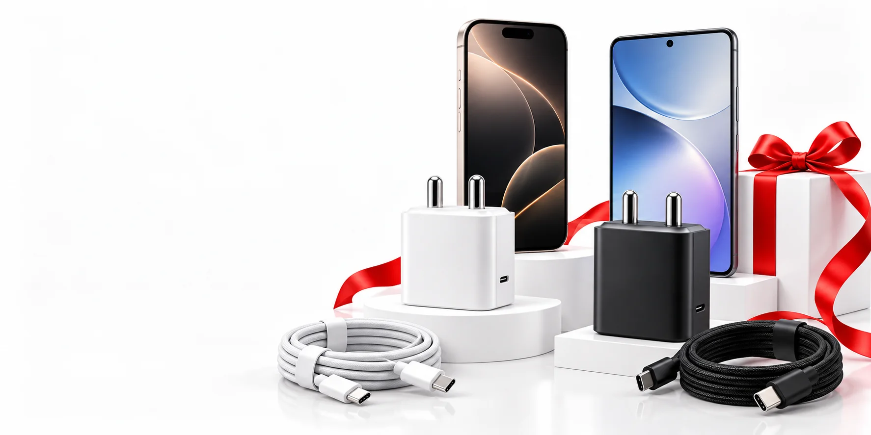 White background पर phones, USB-C chargers और charging cables का accessory campaign display