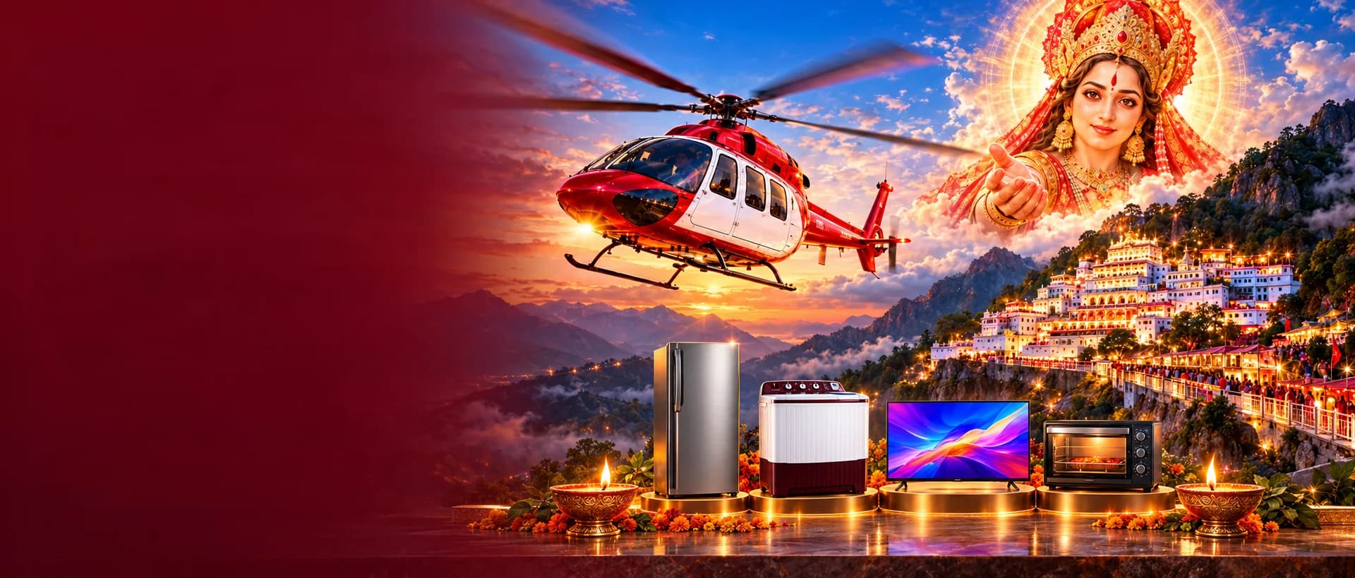 Diwali campaign artwork: माँ वैष्णो देवी, helicopter यात्रा, Fridge, Washing Machine, TV और Oven