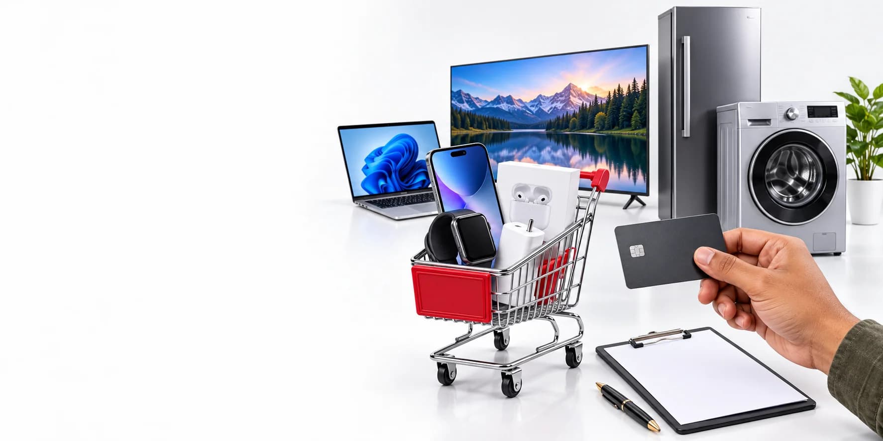 Shopping trolley में phone और accessories, साथ में Laptop, TV, Fridge और Washing Machine का finance campaign visual