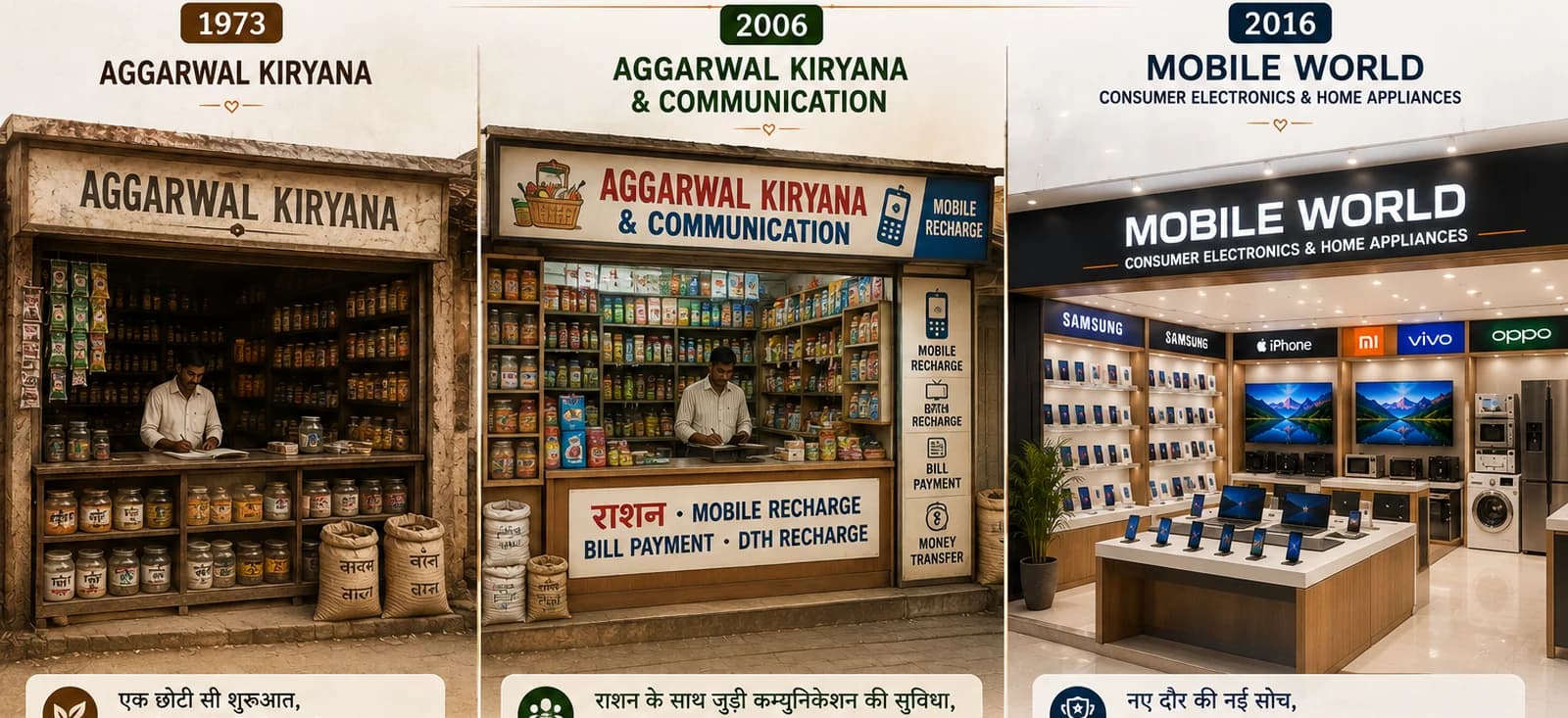 1973 Aggarwal Kiryana, 2006 Aggarwal Kiryana & Communication, 2016 Mobile World