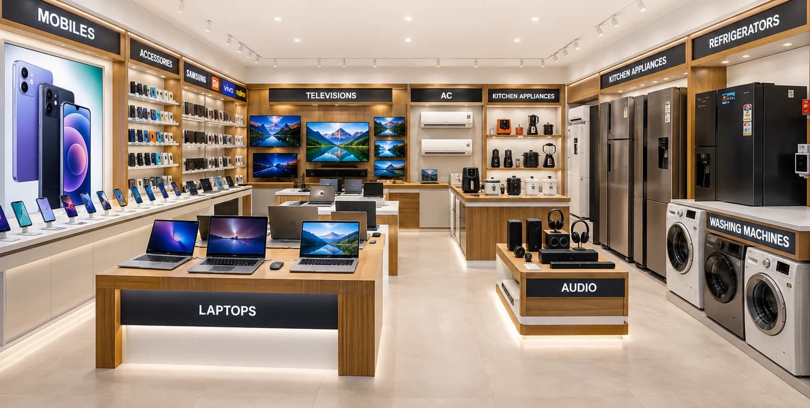 Mobile World की दुकान के अंदर — mobile, laptop, TV, AC, fridge और washing machine