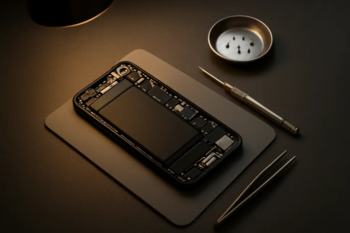 Repairing की मेज़ पर खुला phone, screwdriver और tweezers — Mobile World, Jawahar Colony, NIT Faridabad