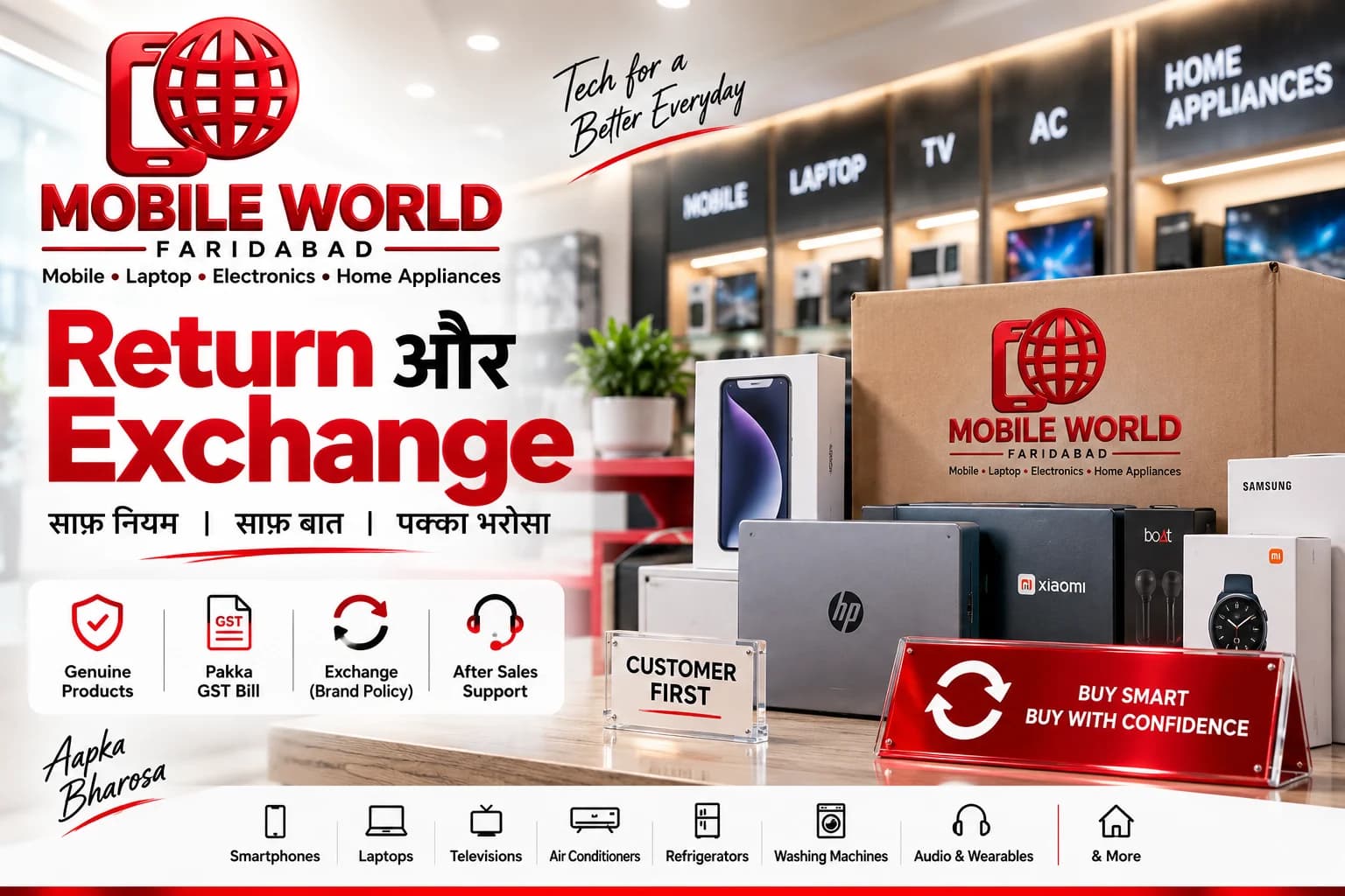 Mobile World Jawahar Colony — Return और Exchange: counter पर रखे phone, laptop, TV और घर के सामान के डिब्बे